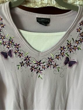 Trilogy by Morning Sun Lavender Butterfly Embroidered Sparkle Top